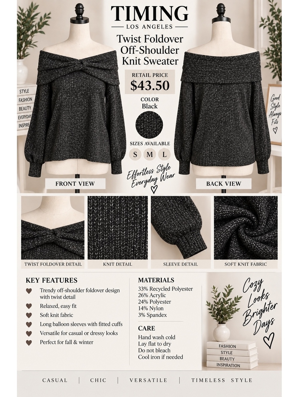 TIMING LOS ANGELES Twist Foldover Off-Shoulder Knit Sweater